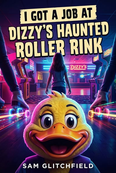The cover for the book 'I Got a Job at Dizzy's Haunted Roller Rink' by Sam Glitchfield