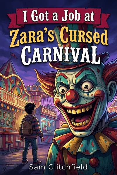 The cover for the book 'I Got a Job at Zara's Cursed Carnival' by Sam Glitchfield